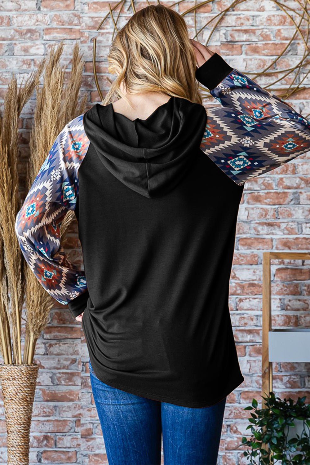 Heimish - Black Half Button Printed Long Sleeve Hooded Top