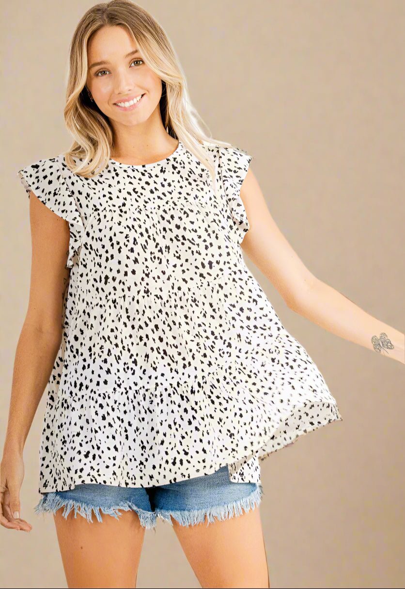 Heimish - Black & Ivory Animal Print Tiered Ruffled Blouse