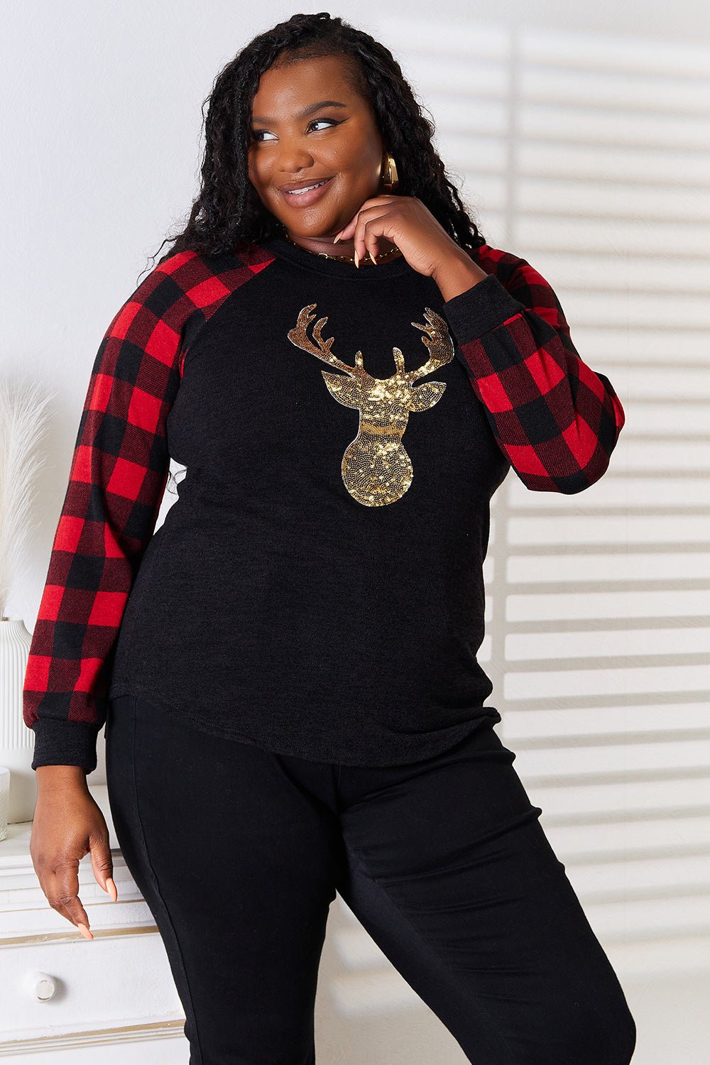 Heimish - Black Sequin Reindeer Graphic Plaid Top