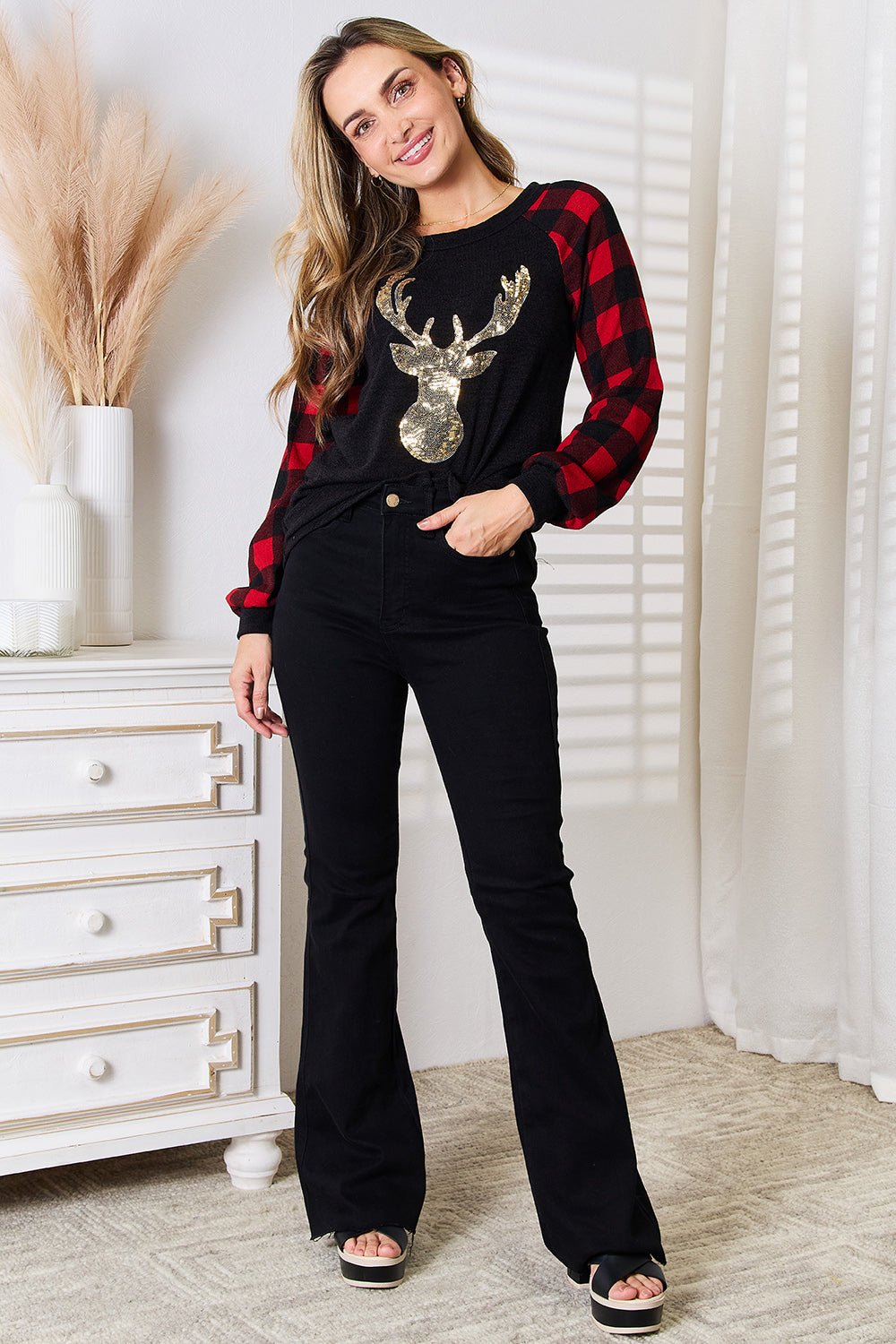 Heimish - Black Sequin Reindeer Graphic Plaid Top