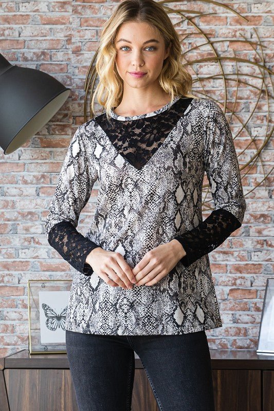 Heimish - Black Snakeskin Print Lace Detail Top