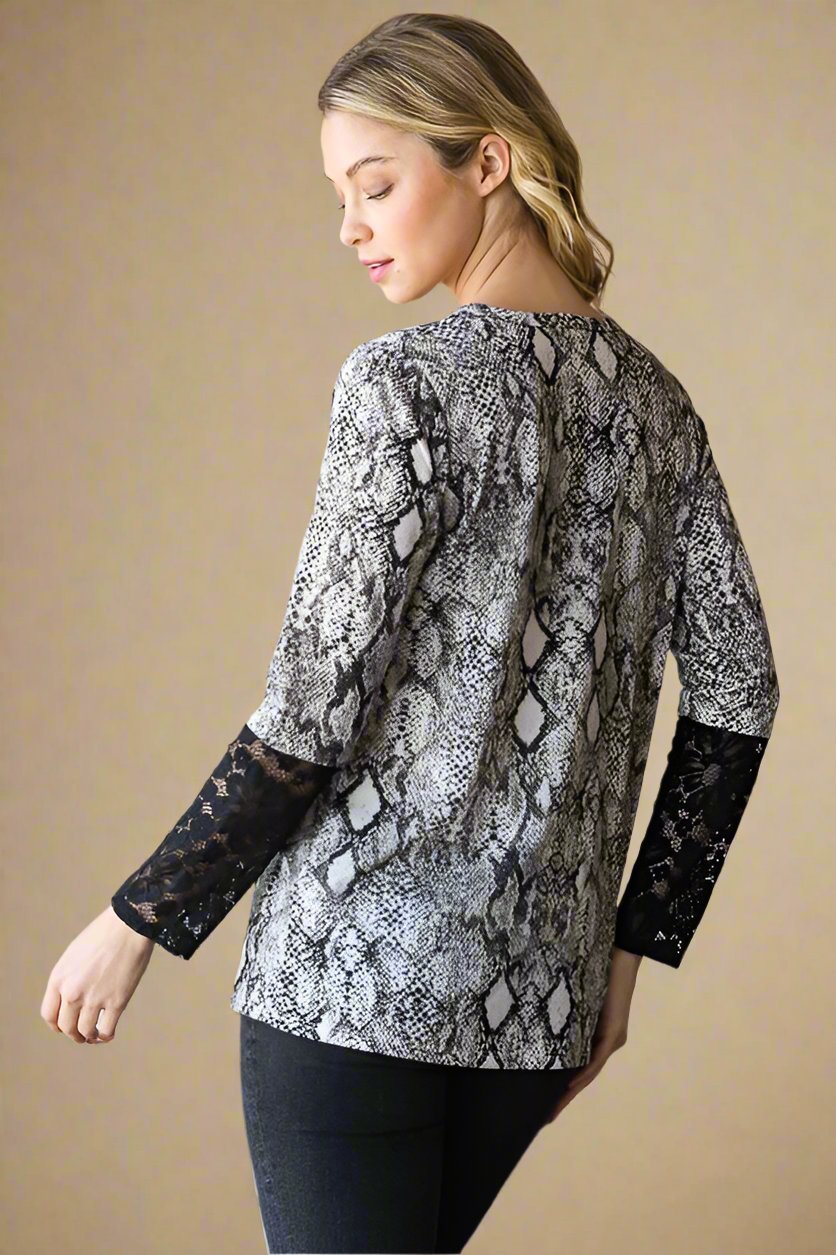 Heimish - Black Snakeskin Print Lace Detail Top