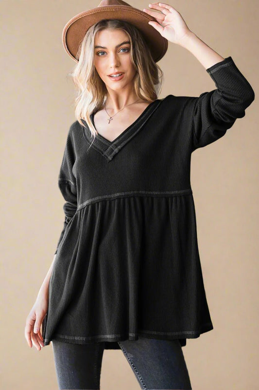 Heimish - Black V - Neck Long Sleeve Babydoll Top