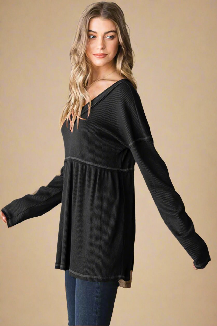 Heimish - Black V - Neck Long Sleeve Babydoll Top