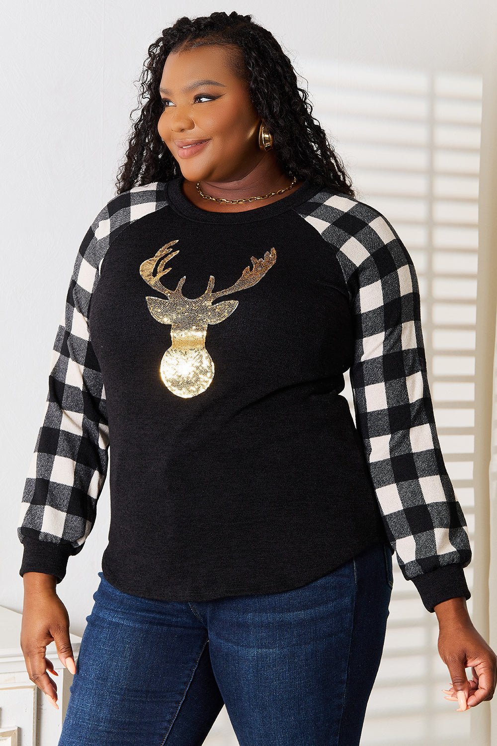 Heimish - Black & White Plaid Sequin Reindeer Graphic Top