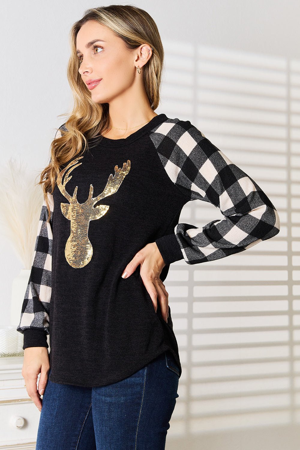 Heimish - Black & White Plaid Sequin Reindeer Graphic Top