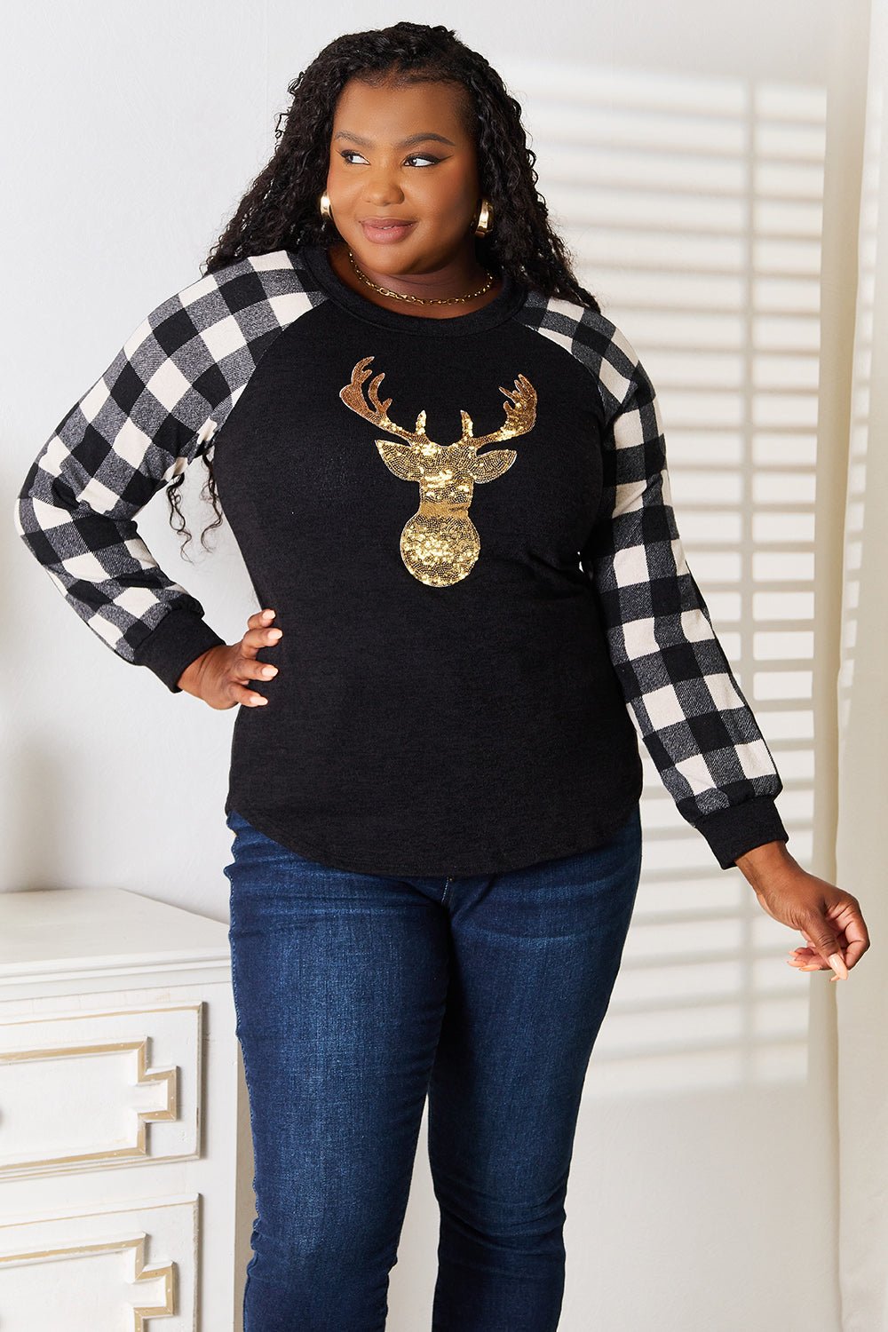 Heimish - Black & White Plaid Sequin Reindeer Graphic Top