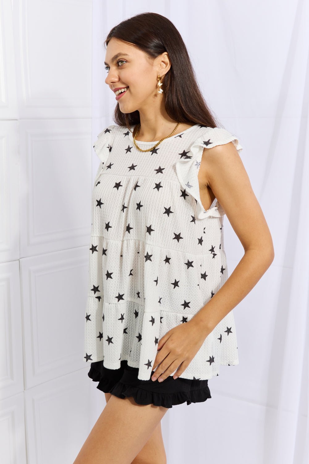 Heimish - Butterfly Sleeve Star Print Babydoll Top in White