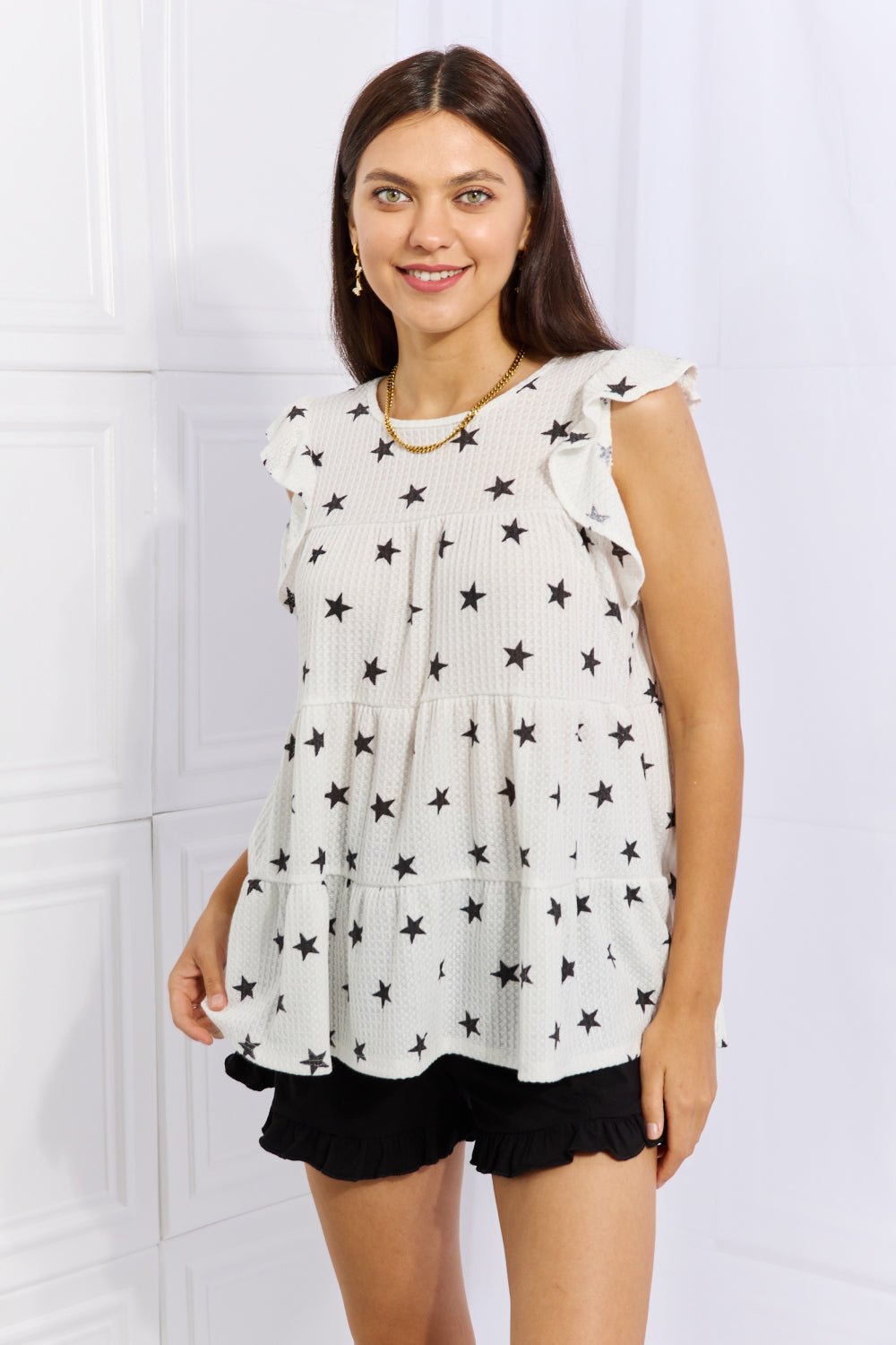 Heimish - Butterfly Sleeve Star Print Babydoll Top in White