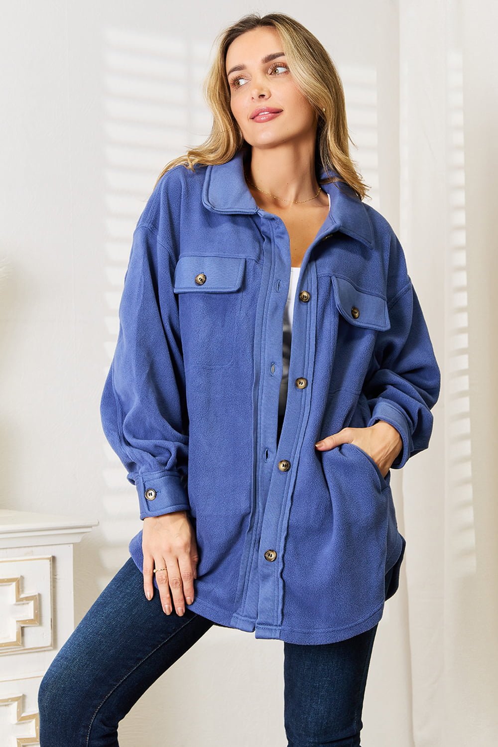 Heimish - Button Down Shacket in Dusty Blue