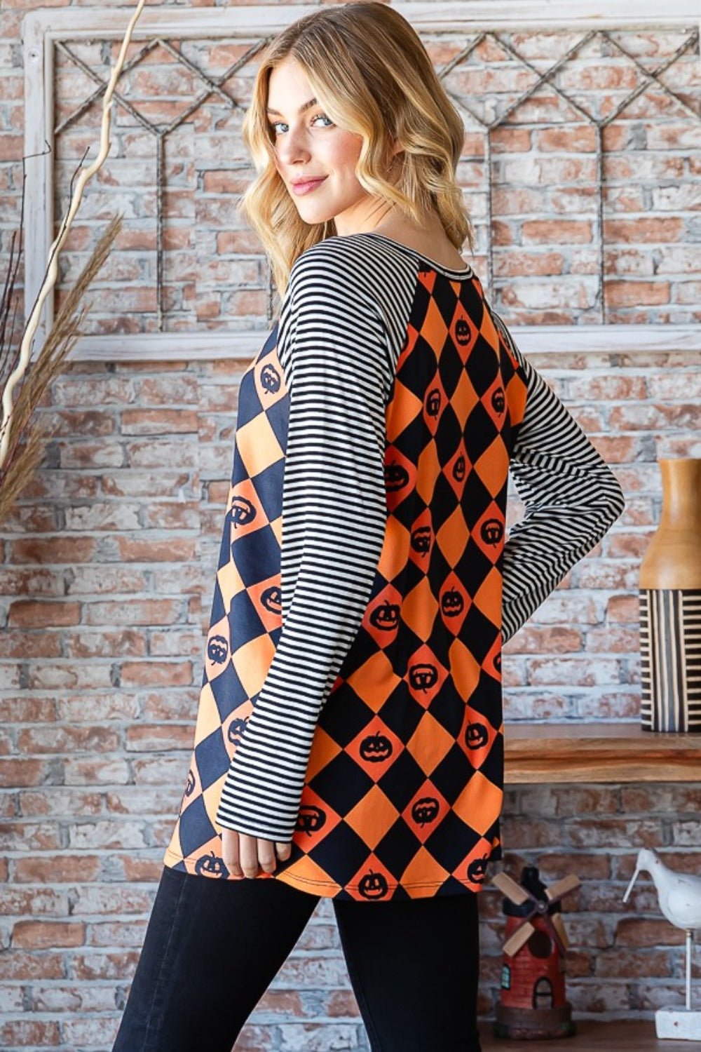 Heimish - Checkered Jack - O' - Lantern Long Sleeve T - Shirt in Orange Black