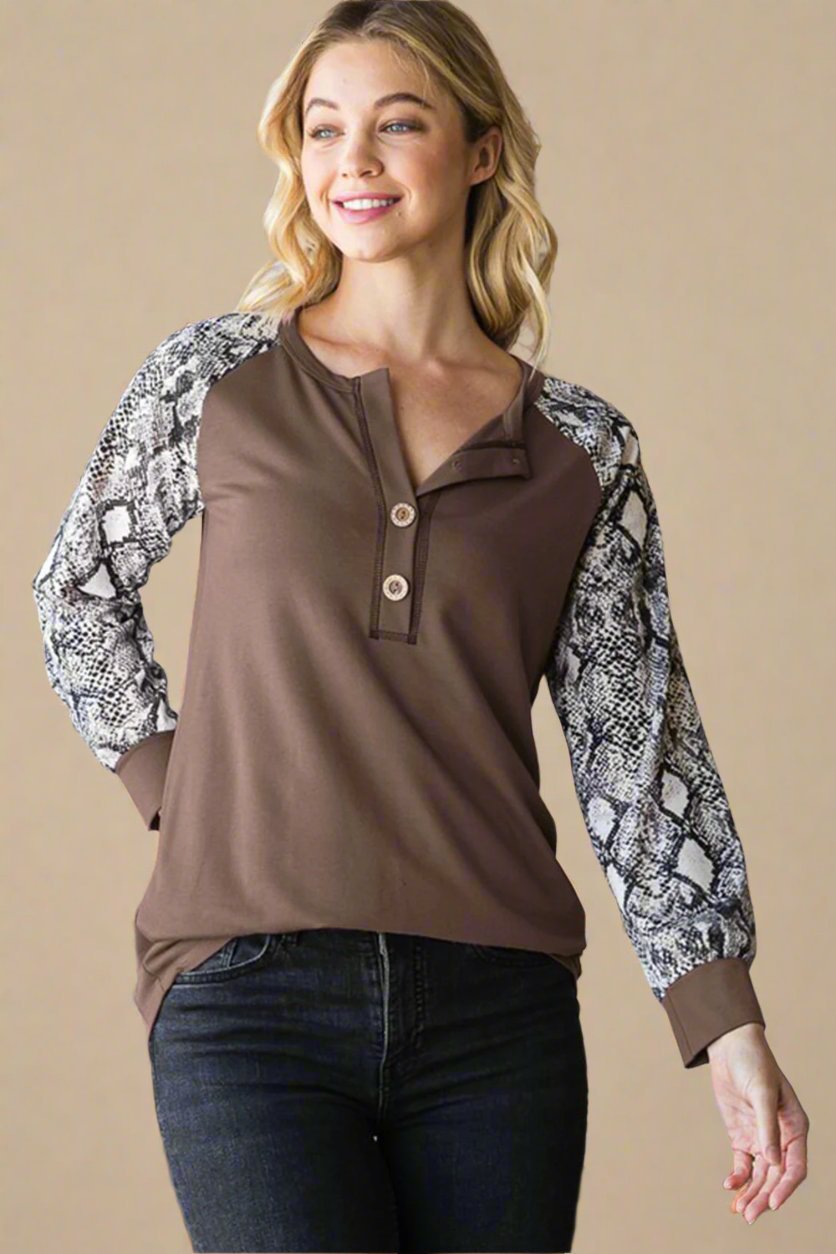 Heimish - Coffee Brown Snakeskin Print Half Button Top