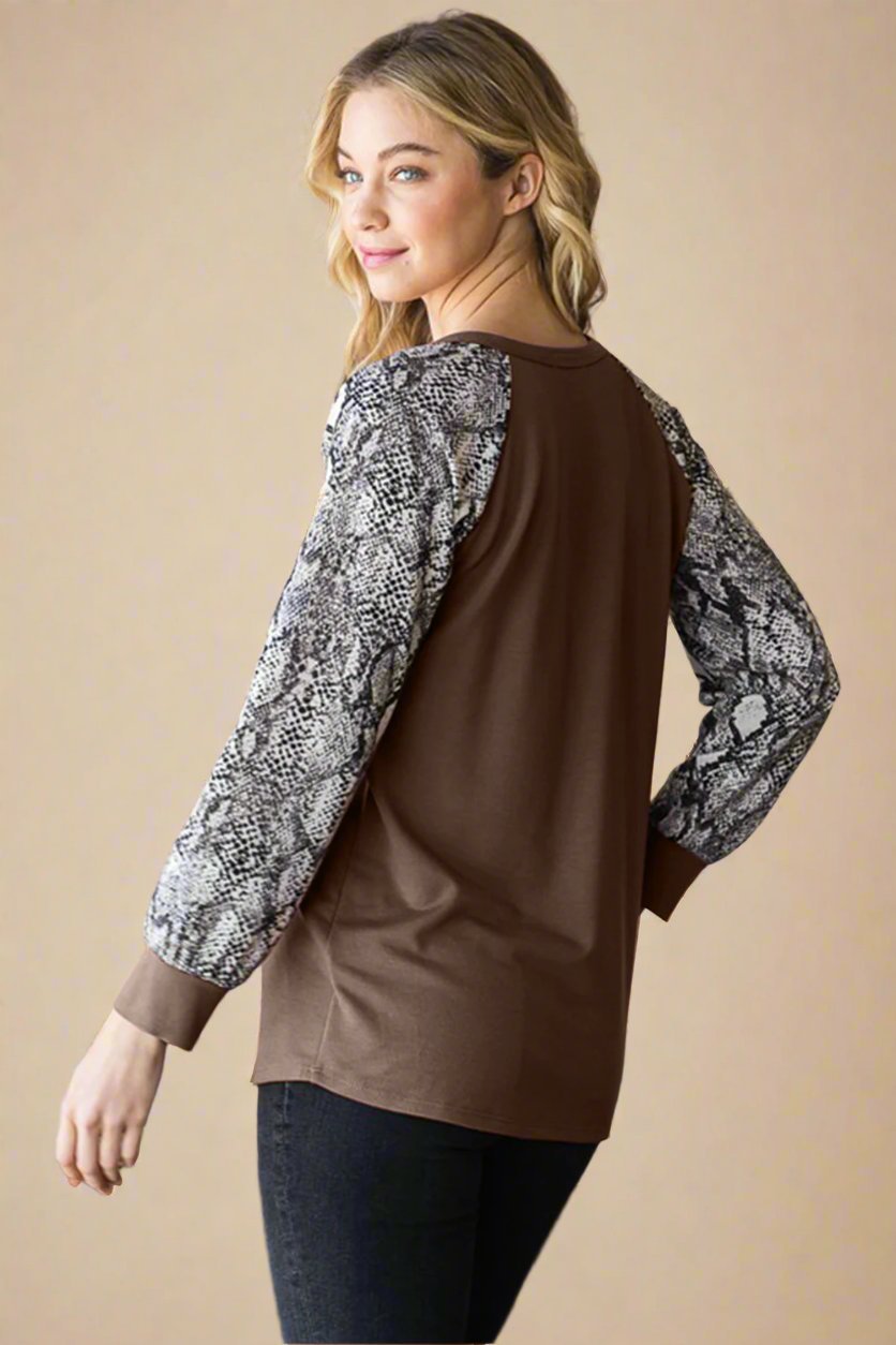 Heimish - Coffee Brown Snakeskin Print Half Button Top