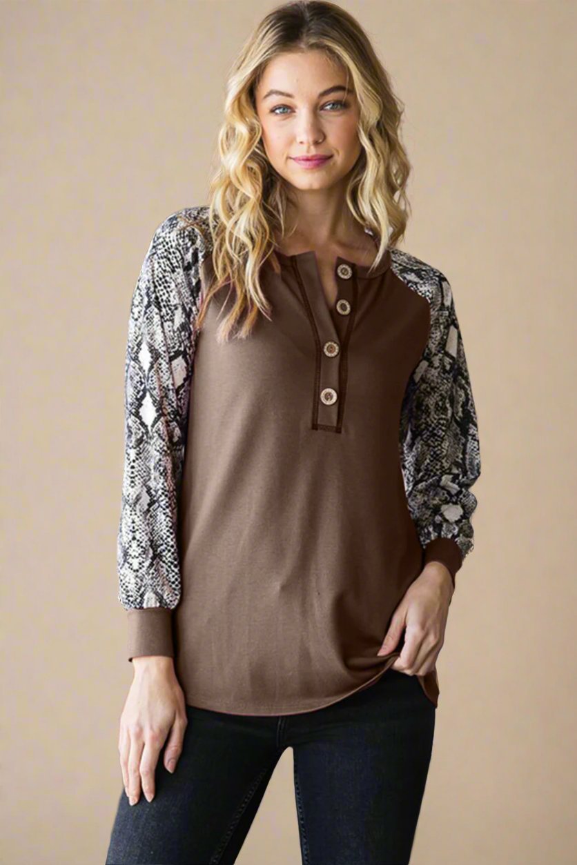 Heimish - Coffee Brown Snakeskin Print Half Button Top