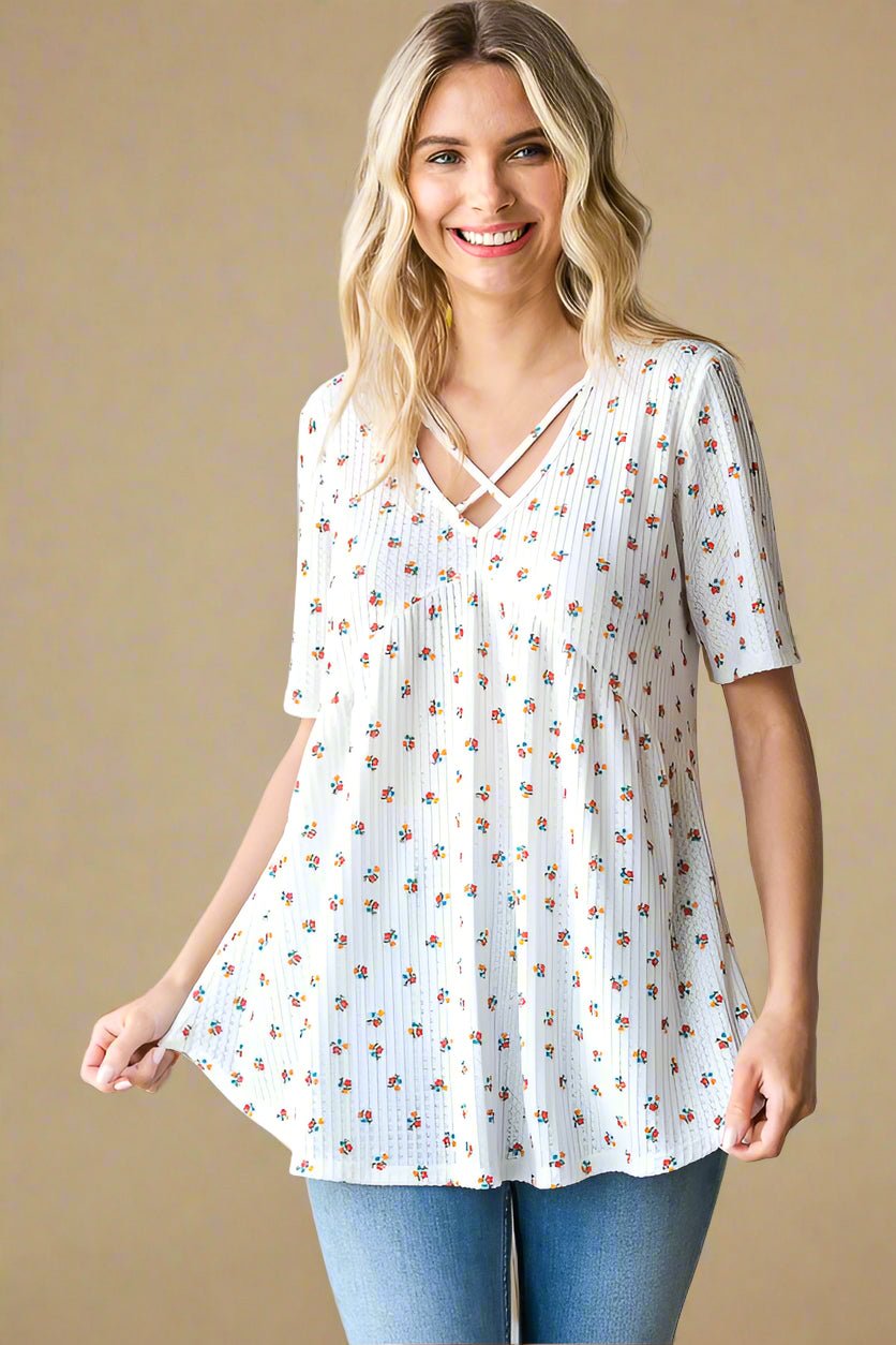 Heimish - Crisscross Ditsy Floral Babydoll Top