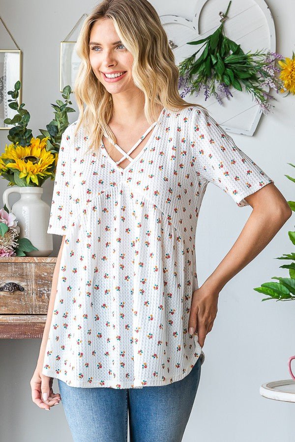 Heimish - Crisscross Ditsy Floral Babydoll Top