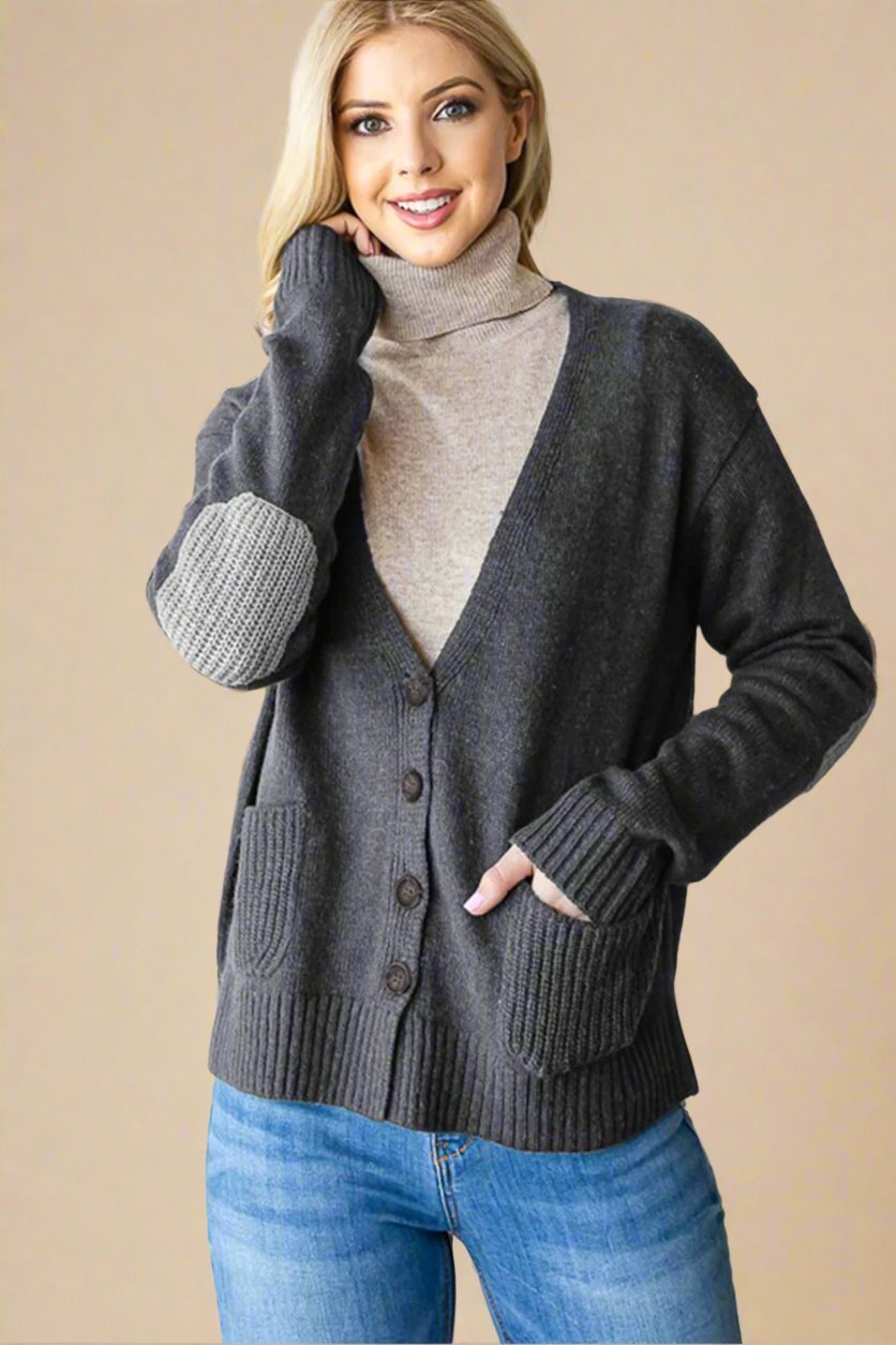 Heimish - Dark Gray Elbow Patch Button Down Cardigan