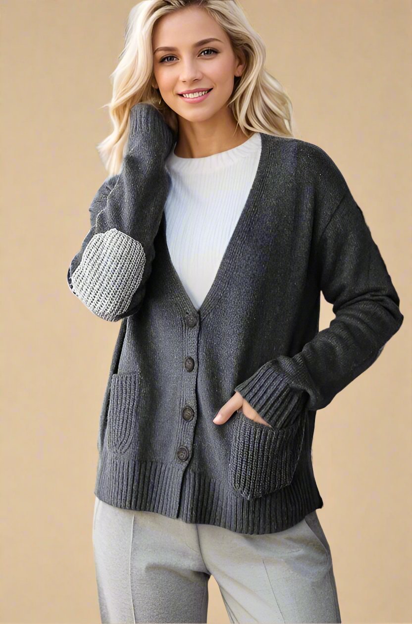 Heimish - Dark Gray Elbow Patch Button Down Cardigan