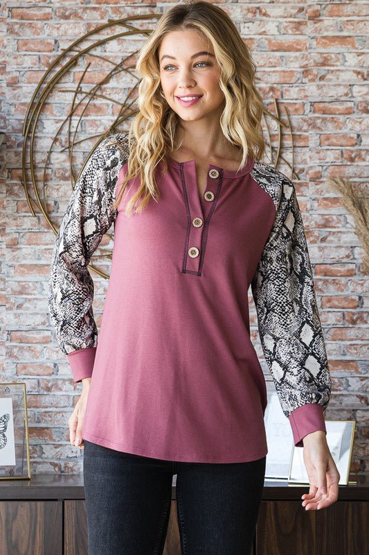 Heimish - Deep Purple Snakeskin Print Half Button Top