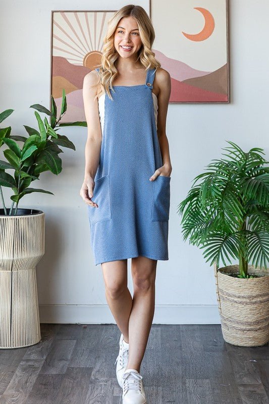 Heimish - Denim Blue Rib Knit Mini Overall Dress