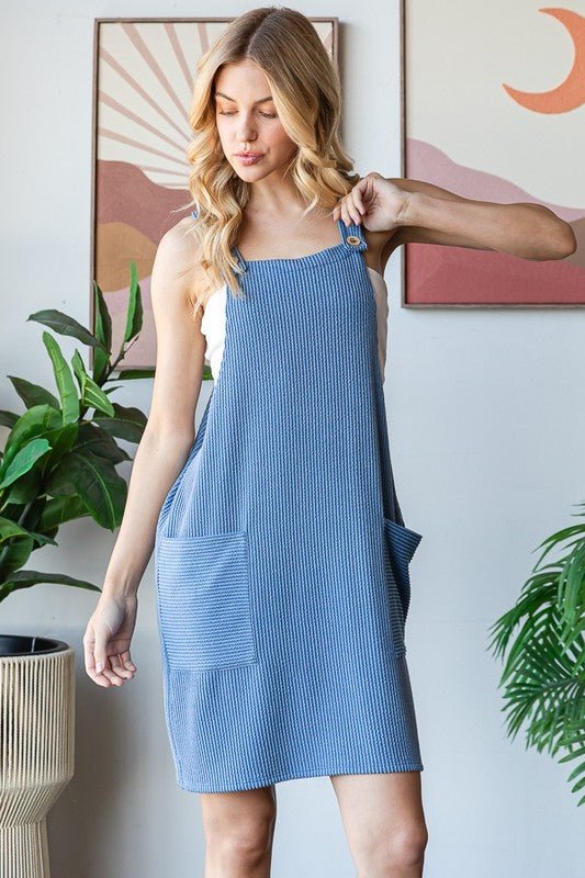 Heimish - Denim Blue Rib Knit Mini Overall Dress