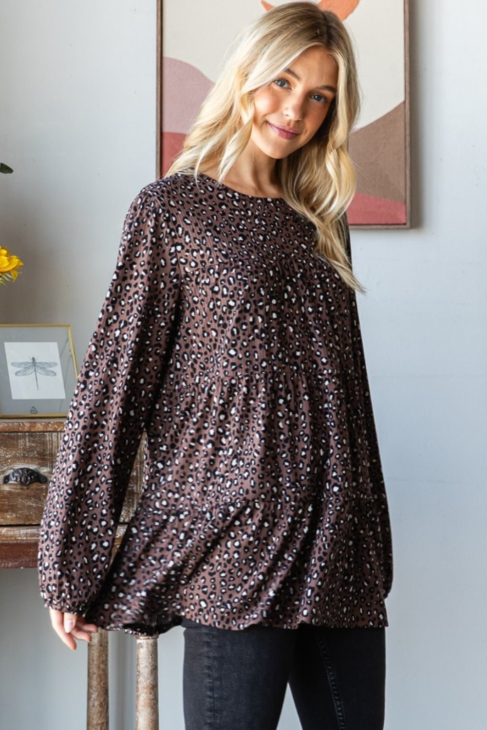 Heimish - Ditsy Leopard Print Long Sleeve Tiered Blouse in Mocha