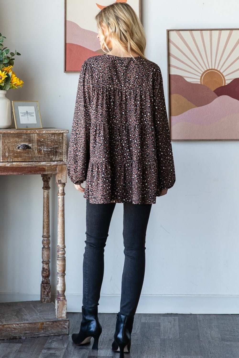 Heimish - Ditsy Leopard Print Long Sleeve Tiered Blouse in Mocha