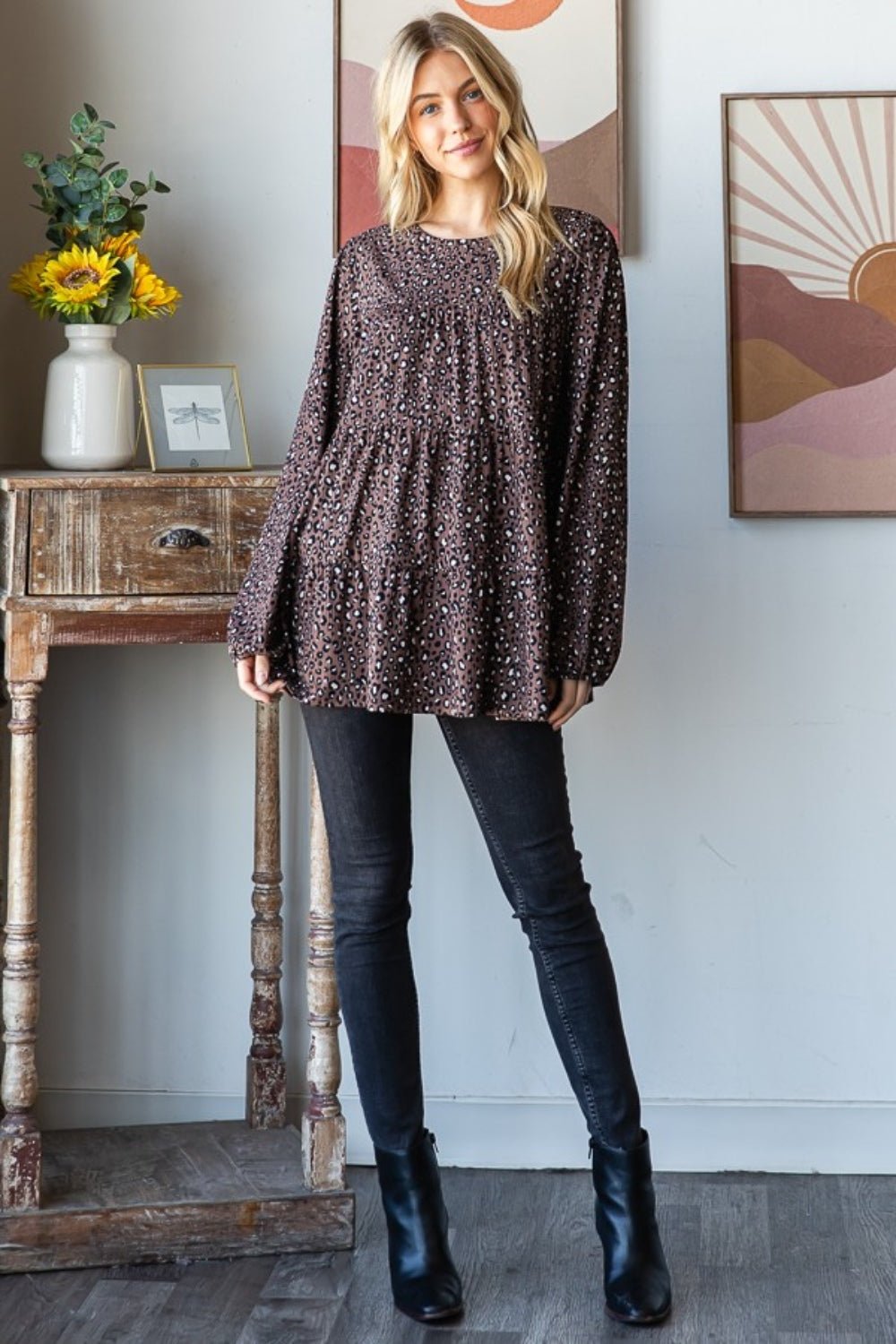 Heimish - Ditsy Leopard Print Long Sleeve Tiered Blouse in Mocha