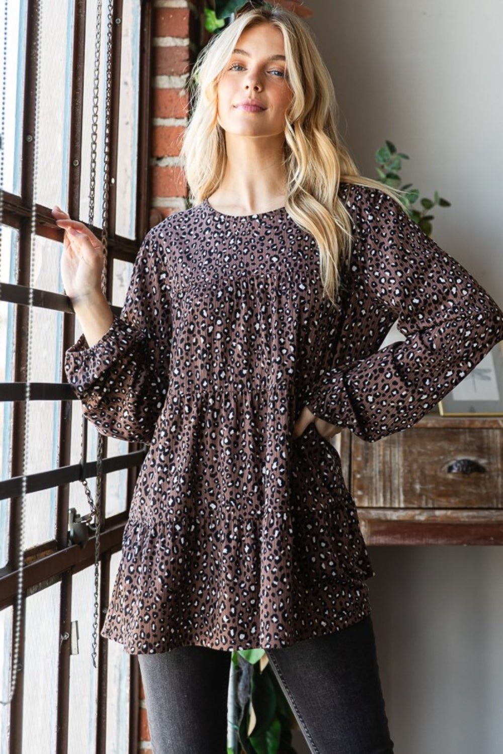 Heimish - Ditsy Leopard Print Long Sleeve Tiered Blouse in Mocha