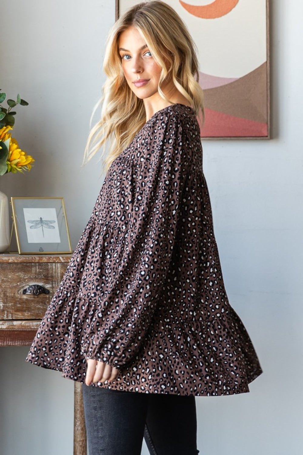 Heimish - Ditsy Leopard Print Long Sleeve Tiered Blouse in Mocha