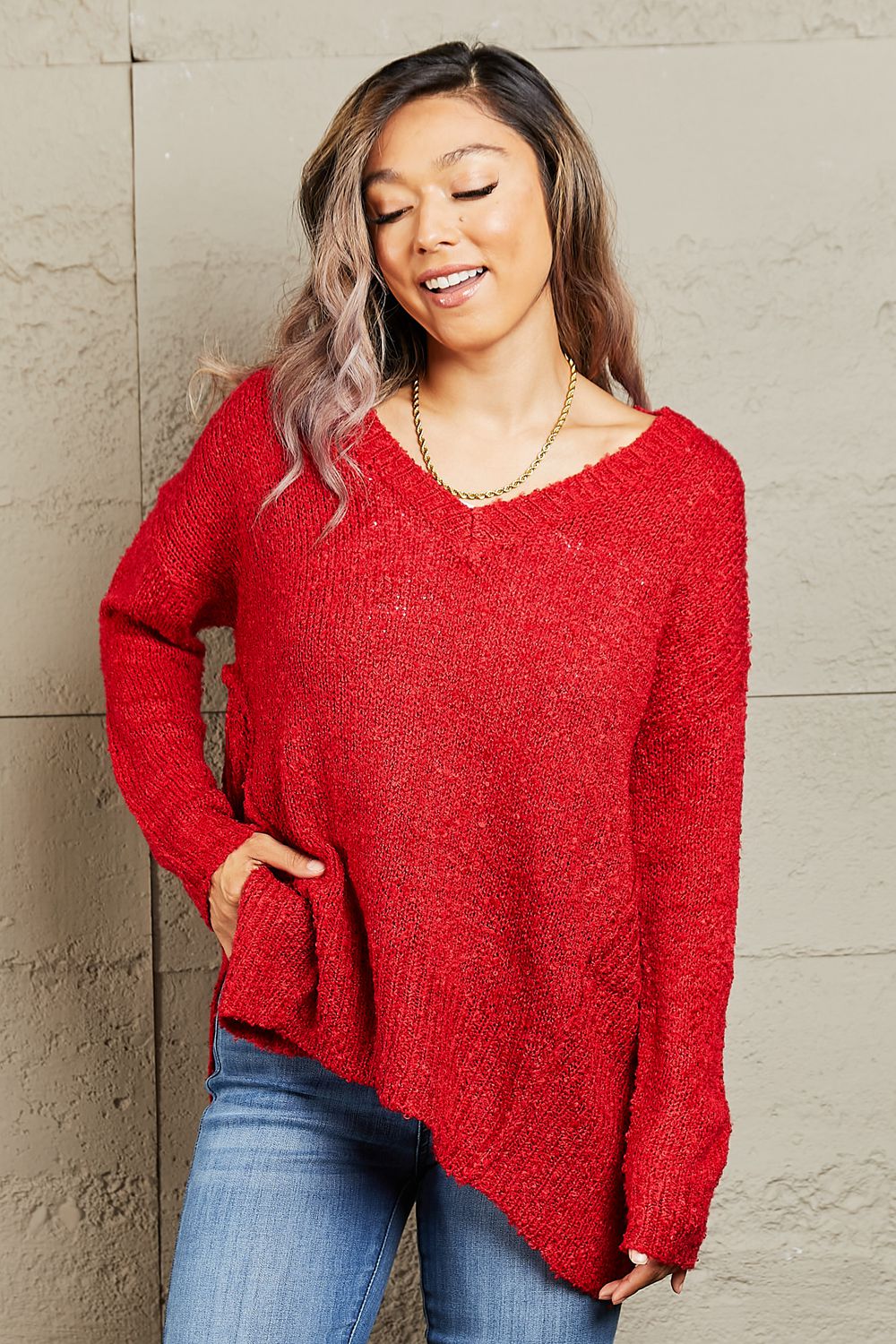 Heimish - Draped Hem Long Sleeve Knit Sweater in Red