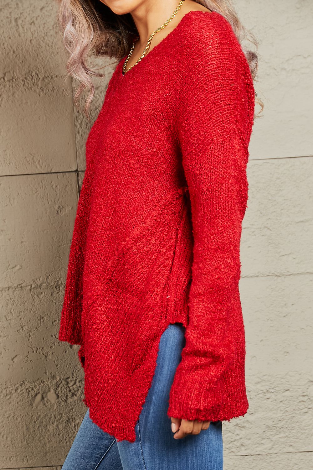 Heimish - Draped Hem Long Sleeve Knit Sweater in Red