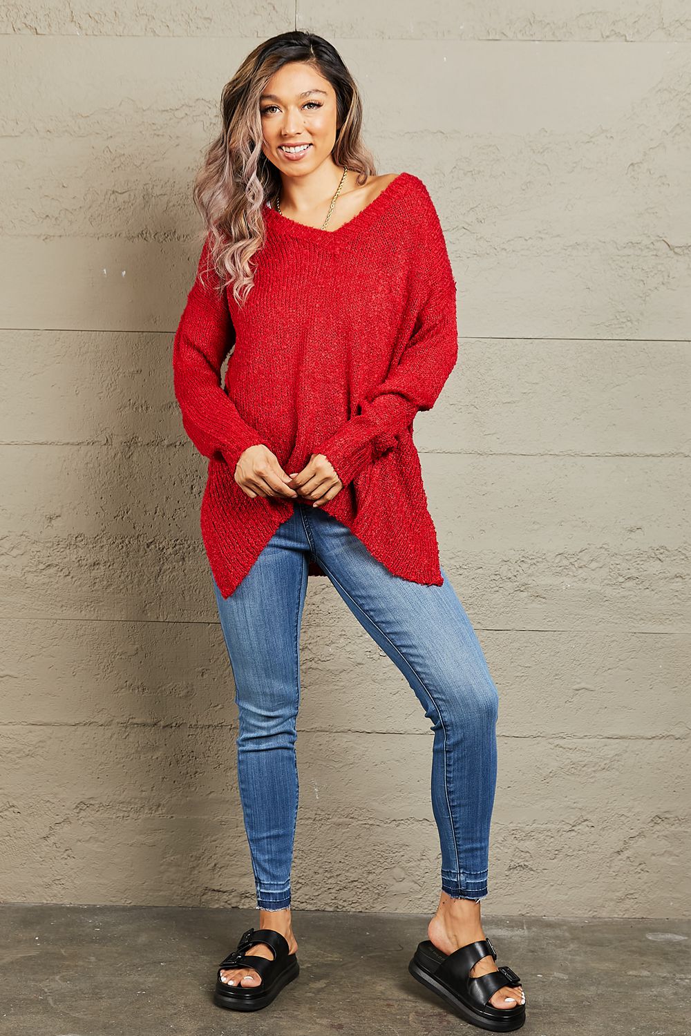 Heimish - Draped Hem Long Sleeve Knit Sweater in Red