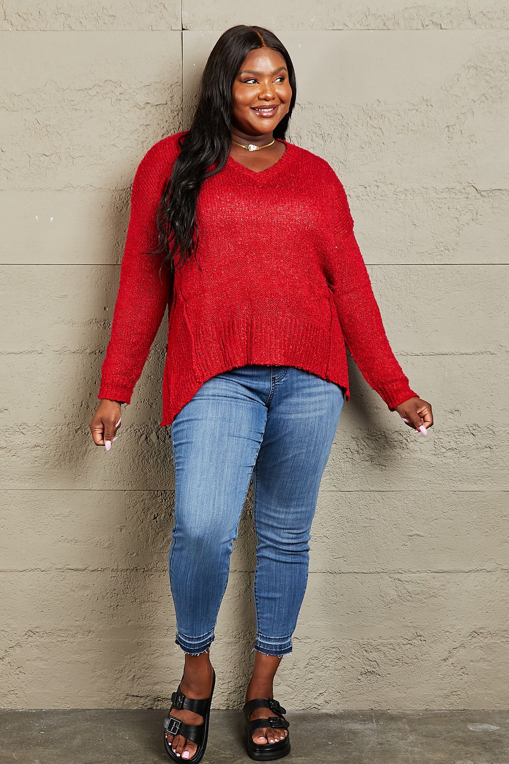 Heimish - Draped Hem Long Sleeve Knit Sweater in Red