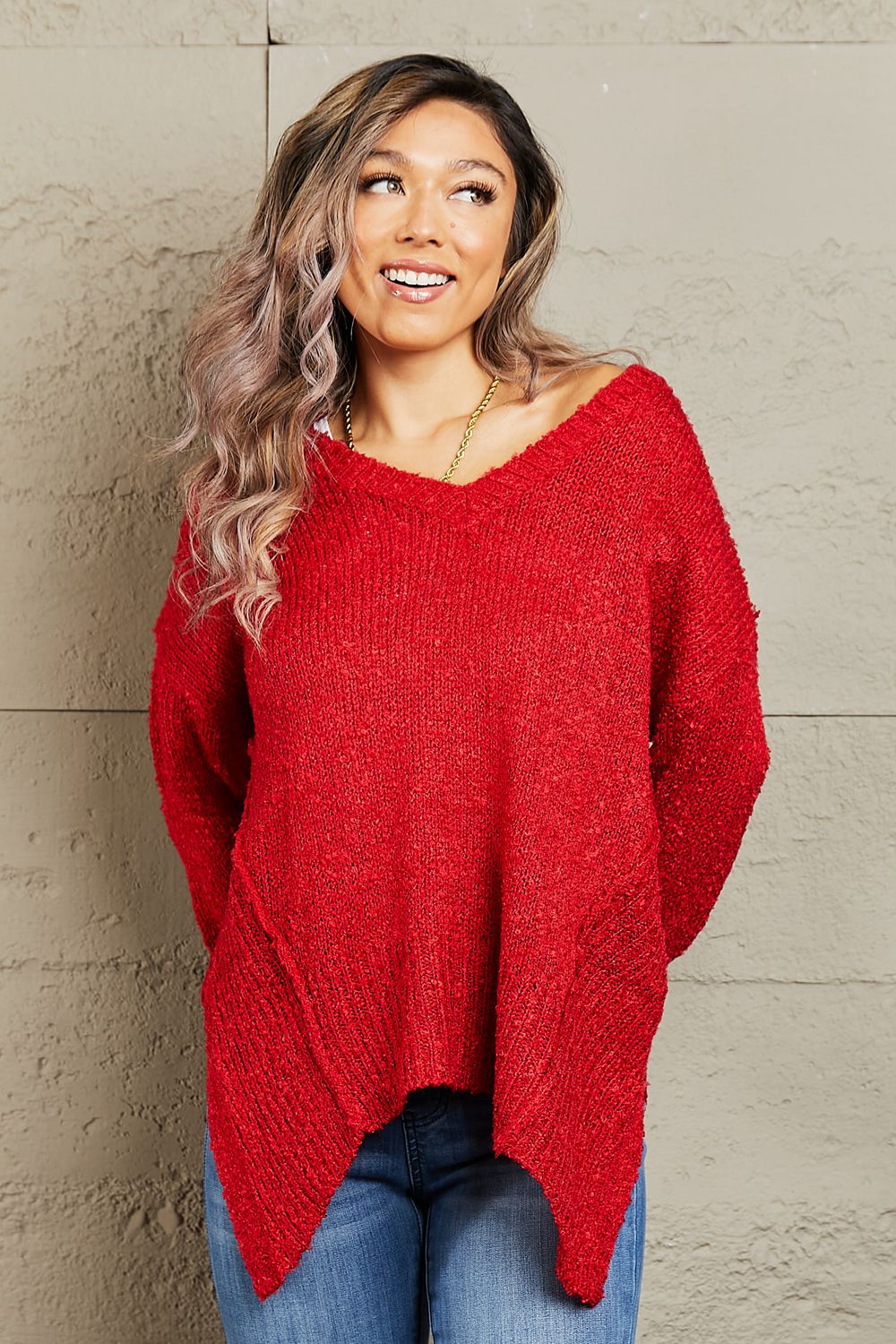 Heimish - Draped Hem Long Sleeve Knit Sweater in Red