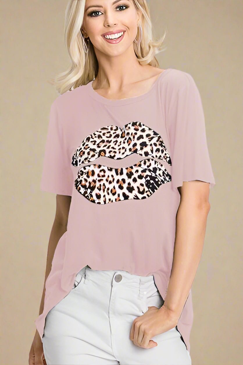 Heimish - Dusty Pink Leopard Print Lips Graphic T-Shirt