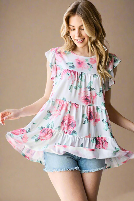 Heimish - Floral Butterfly Sleeve Tiered Top in Cream