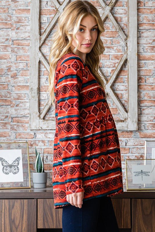 Heimish - Geometric Print Long Sleeve Babydoll Top in Scarlett