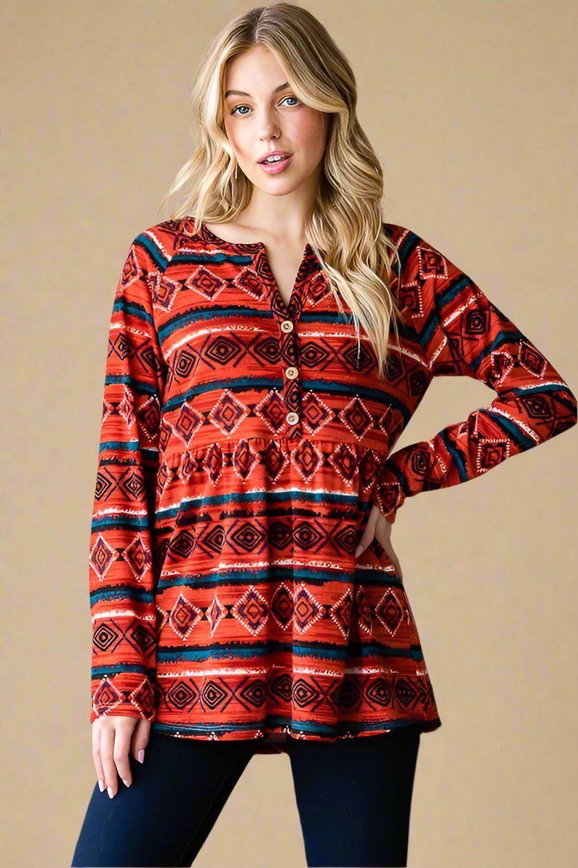 Heimish - Geometric Print Long Sleeve Babydoll Top in Scarlett