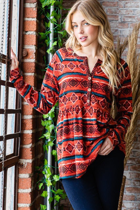 Heimish - Geometric Print Long Sleeve Babydoll Top in Scarlett