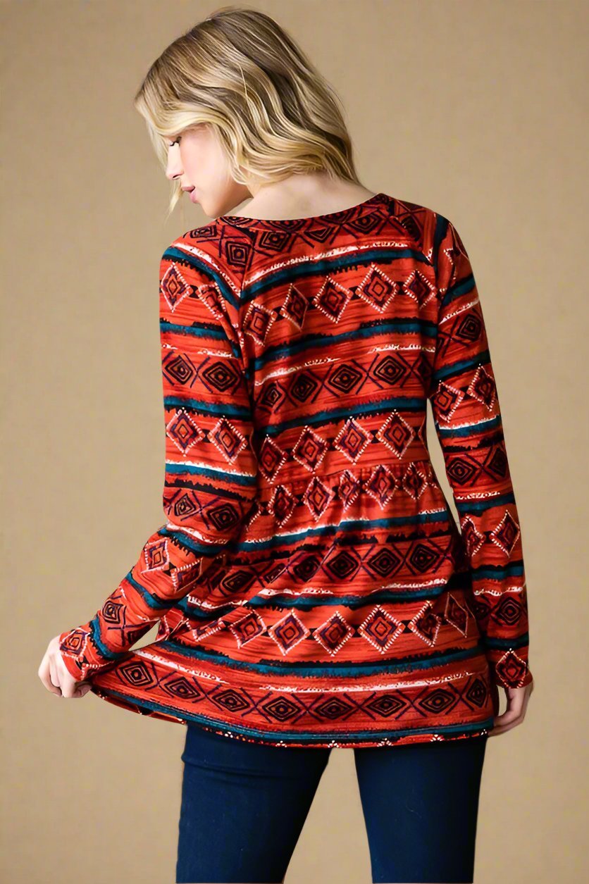 Heimish - Geometric Print Long Sleeve Babydoll Top in Scarlett