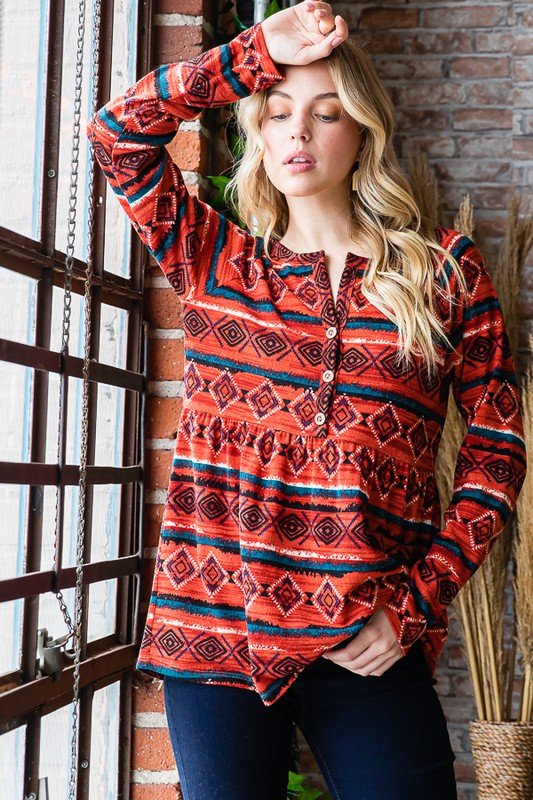 Heimish - Geometric Print Long Sleeve Babydoll Top in Scarlett