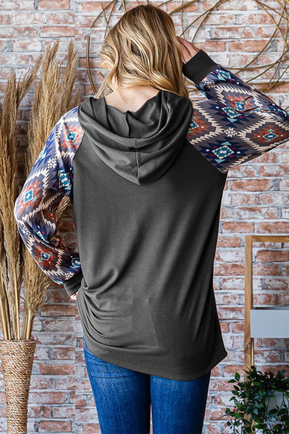 Heimish - Half Button Printed Long Sleeve Hooded Top in Charcoal