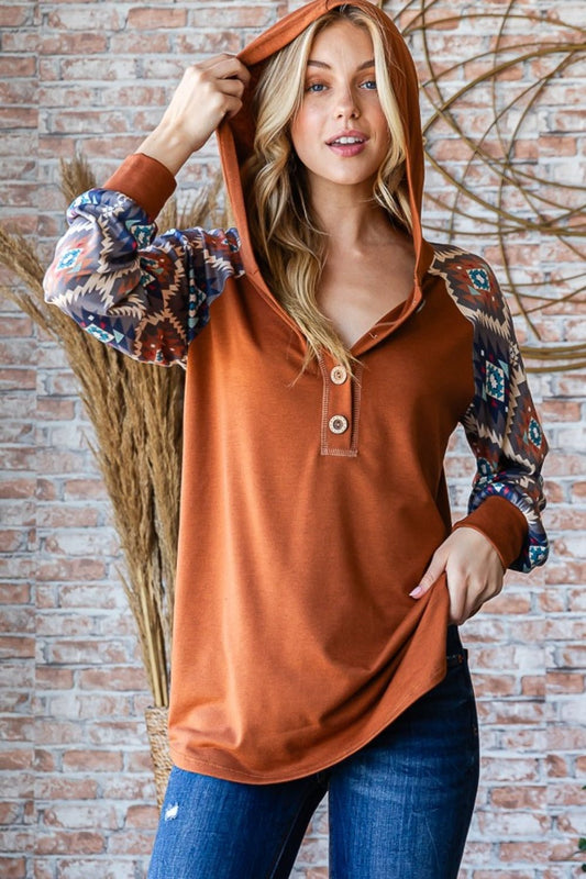 Heimish - Half Button Printed Long Sleeve Hooded Top in Mocha Brown