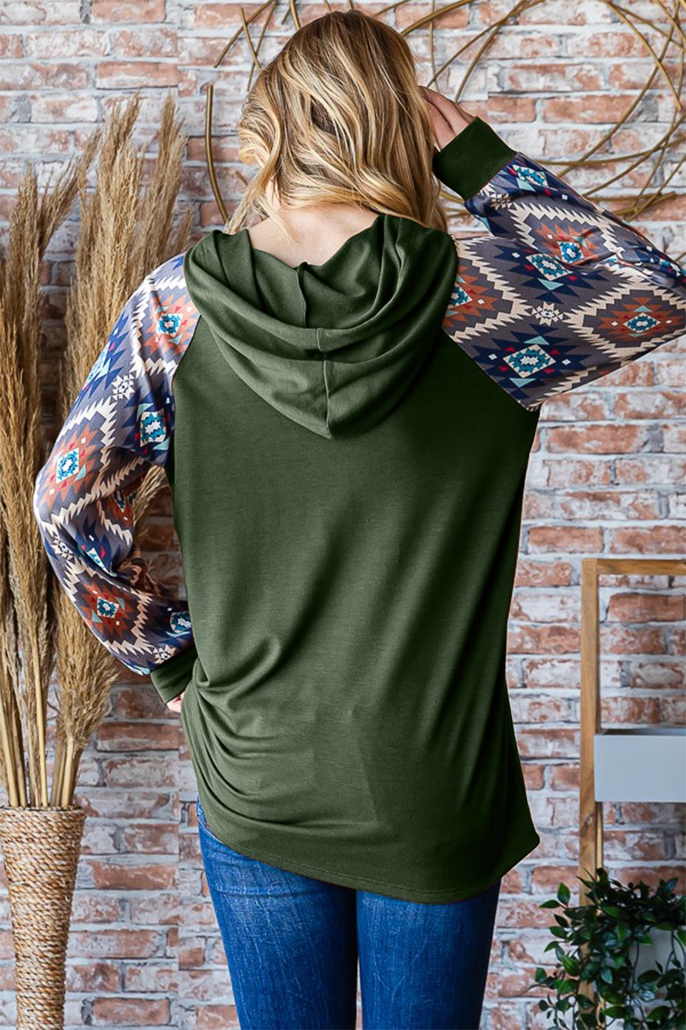 Heimish - Half Button Printed Long Sleeve Hooded Top in Olive