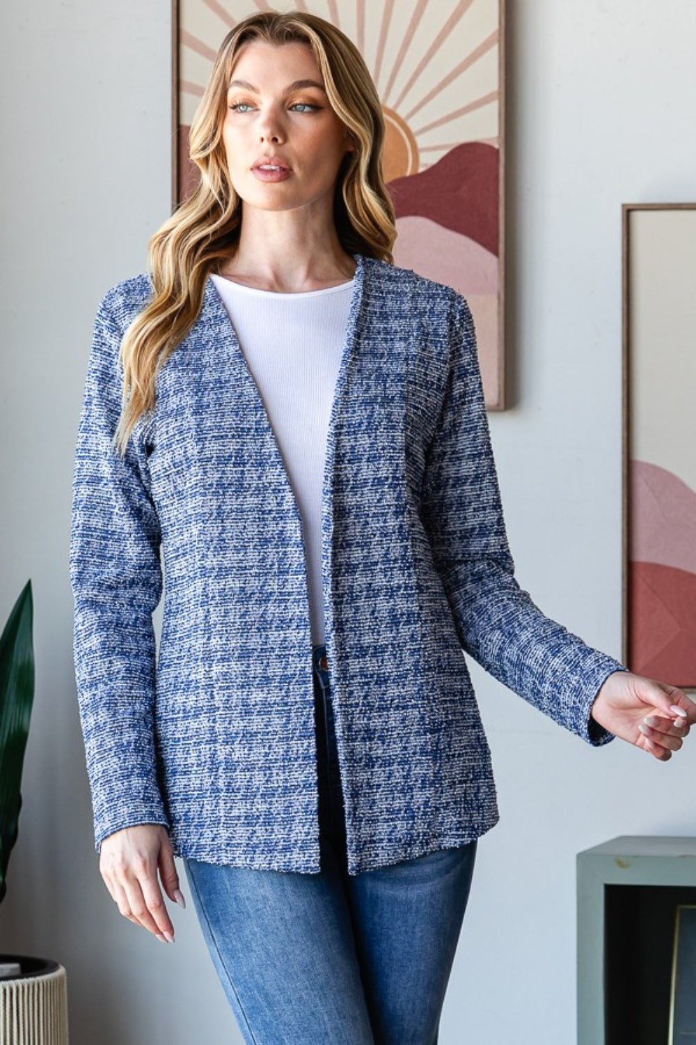 Heimish - Houndstooth Tweed Open Front Blazer in Royal