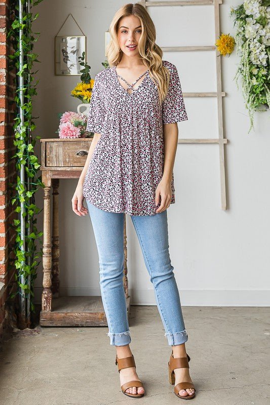 Heimish - Ivory & Neon Pink Animal Print Babydoll Top