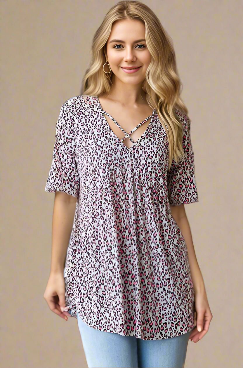 Heimish - Ivory & Neon Pink Animal Print Babydoll Top