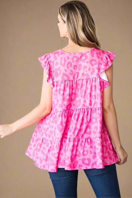 Heimish - Leopard Print Butterfly Sleeve Tiered Top in Fuchsia