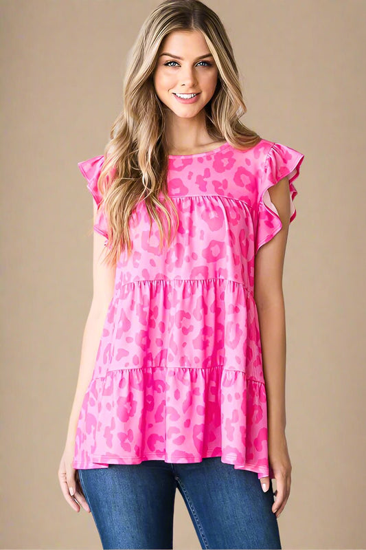 Heimish - Leopard Print Butterfly Sleeve Tiered Top in Fuchsia